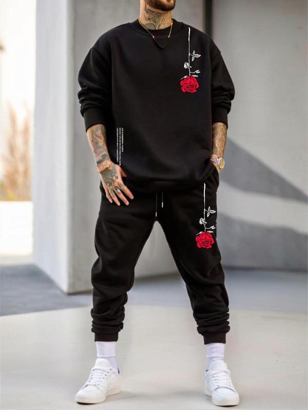 Unisex Rose Print Sweatshirt & Sweatpants Tracksuit Set, Casual Long Sleeve Round Neck Pullover & Jogger Pants, Fashion Cozy Men's Two-piece Outfits for Fall & Winter 2