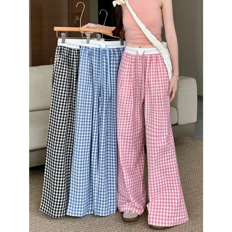 Quần kẻ caro Ống Suông  Phối Cạp Trắng Nữ Women 0