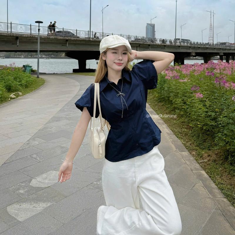 (ẢNH HAVANA) Áo sơ mi ONNI tay bồng phối dây buộc điều chỉnh eo HAVANA AO386