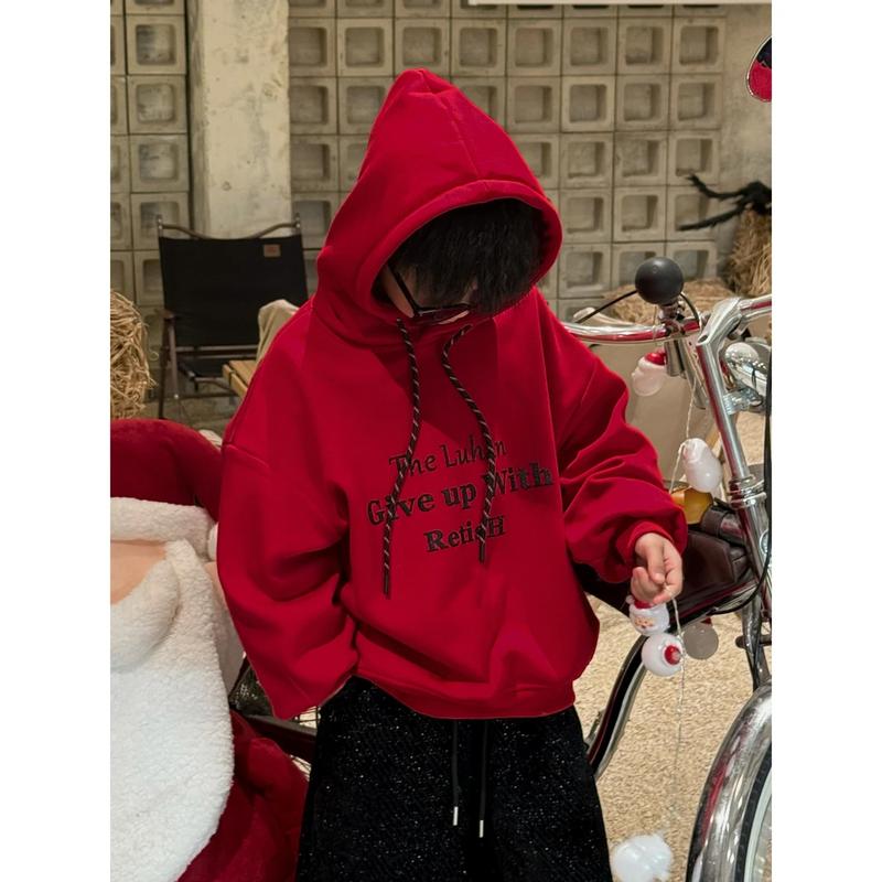 AH24_5 Áo Hoodie Đỏ Cho Bé Trai Bé Gái Form Rộng Phong Cách Hàn Quốc