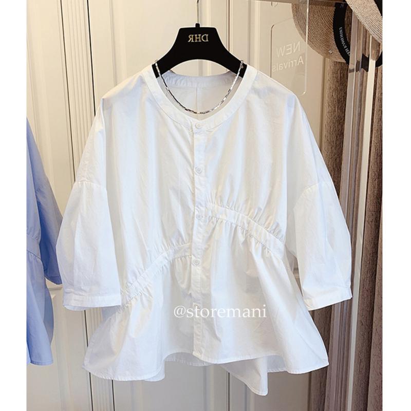 Áo sơ mi babydoll form rộng áo sơ mi kiểu nữ vạt lệch dáng rộng giấu bụng màu trắng vàng cốm mặc đi chơi làm đều đẹp Top Denim Shirt Cổ Tròn