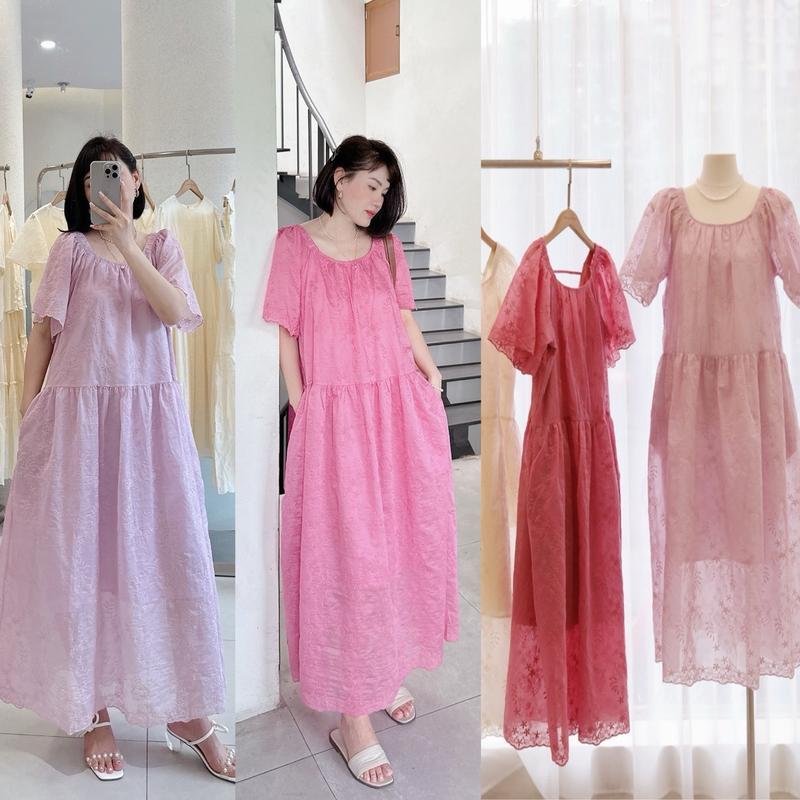 PETBYCHANG - Đầm babydoll ren boi 3 tone màu xinh tôn da trắng cho nữ, dáng dài thiết kế khoét sau lưng làm điểm nhấn. Women Kem