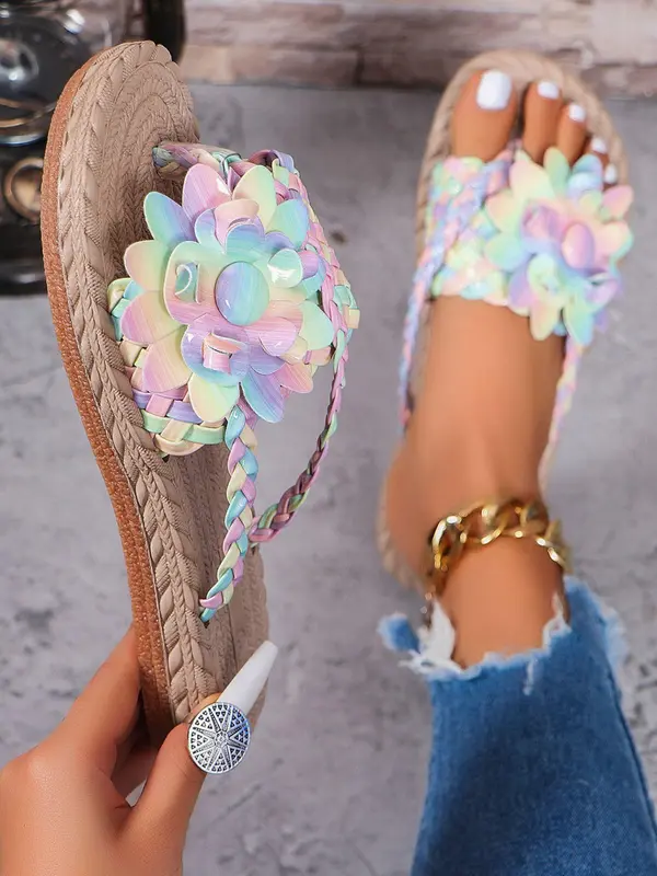 Women's Fashionable Flower Decorated Slides, Casual Boho Style Flat Sandals for Summer, Trendy Exquisite Slide Sandals for Women & Girls, Shoe 8