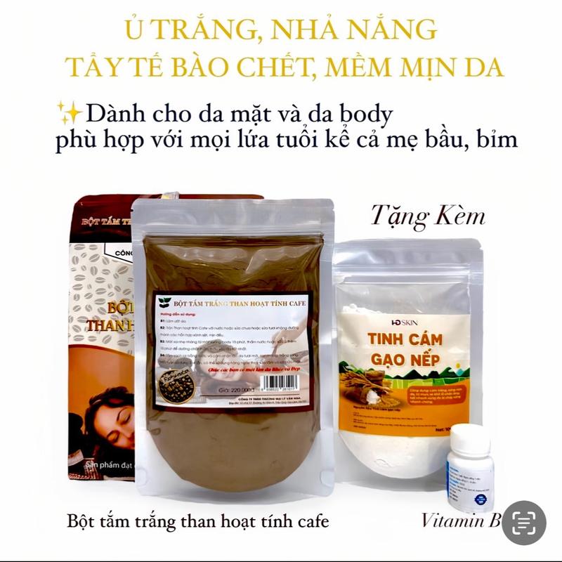 Bột Tắm Trắng Than Hoạt Tính Cafe 300g ( kèm Tinh Cám Gạo Nếp ttbc + Vitamin trắng da B1 )