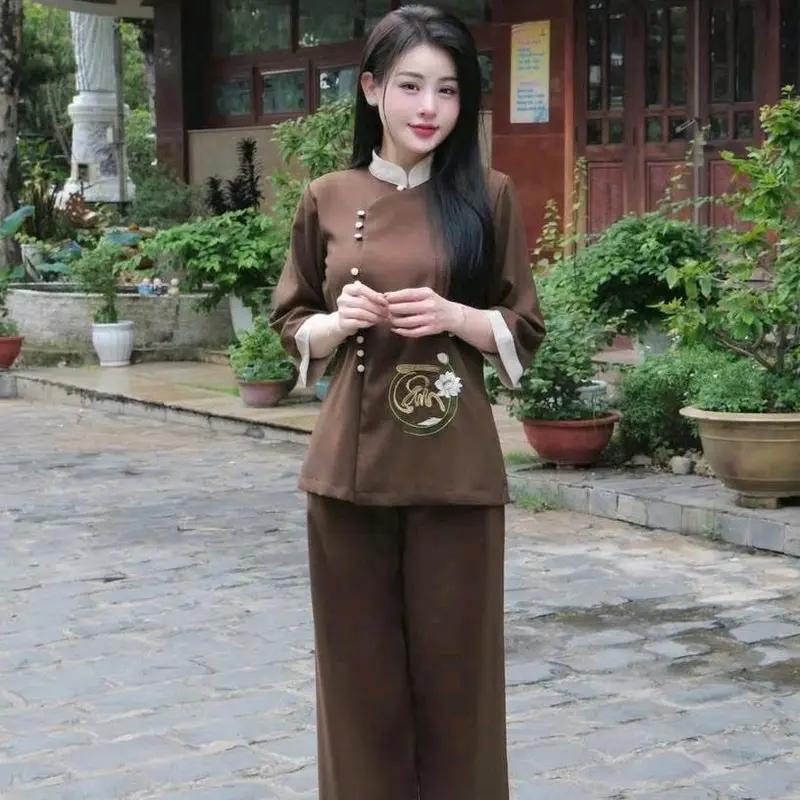 đồ lam đi chùa TÂM AN chất liệu tuyết nhung  cổ tàu nút bọc thêu hoa sen  chữ tâm ở giữa kết hợp quần hai túi trang trọng 2