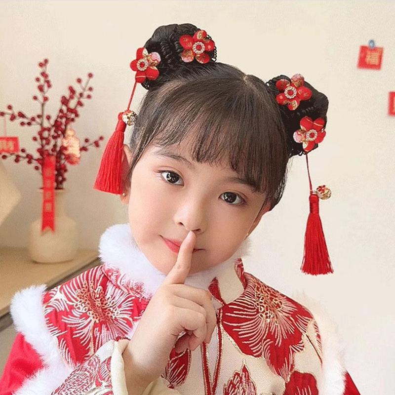 Product Introduction of Tóc Giả Trẻ Em, Phụ Kiện Tóc Scrunchies Bóng Tua Rua, cài tóc Cô Gái Năm, Phong Cách Cổ Trang Mới, C4J1 25