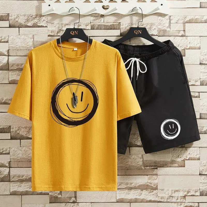 Bộ Đồ Tay Lửng Mặt Cười, Phong Cách Mùa Hè, Áo Phông Dáng Rộng Hợp Xu hướng Thương Hiệu Thời Trang, Quần Nửa Đẹp Trai, Bộ Hai Mảnh, Thích Hợp Cho Học Sinh, 12 4