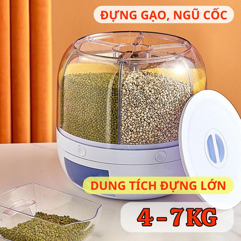 Thùng đựng hạt, ngũ cốc, thùng đựng gạo xoay 360 thông minh 6 ngăn cao cấp