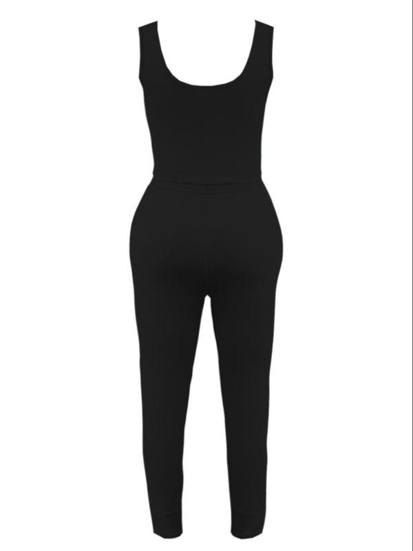 Lovelywholesale 2 Counts Plus Size Solid Scoop Neck Crop Tank Top & High Waist Pants Set, Summer Clothes Women, Sleeveless Top & Skinny Trousers, Two-piece Outfits for Summer 3