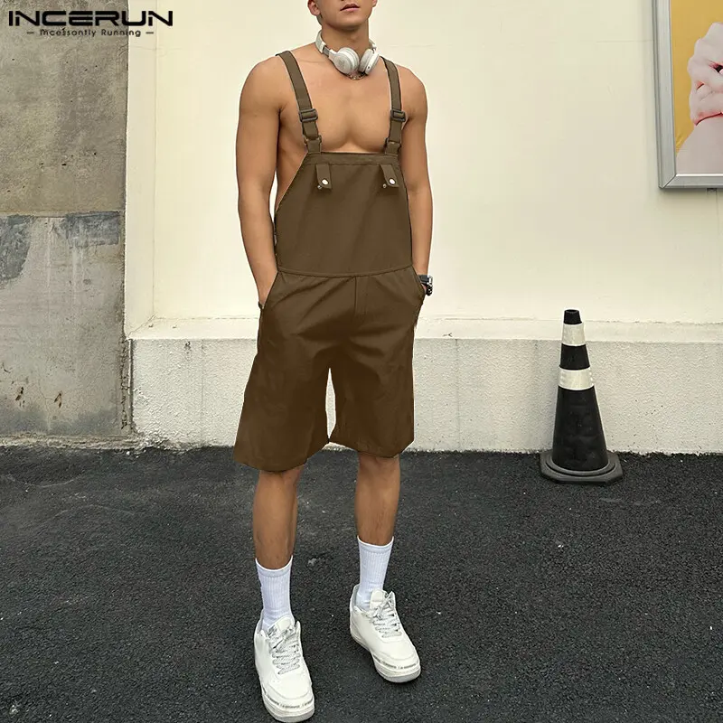 INCERUN Mens Casual Cargo Loose Plain Jumpsuits Straight Angle Overalls (Korean Style)