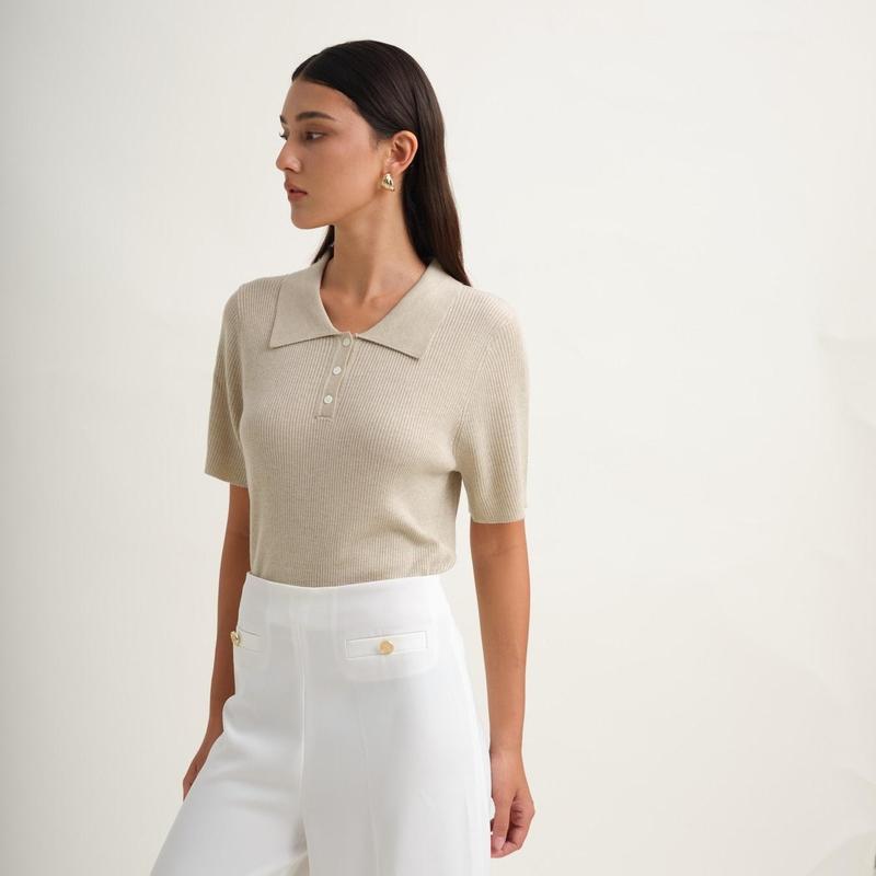 Áo len polo cộc tay dáng ôm có khuy MONO TALK _MCS24W-T30003FB