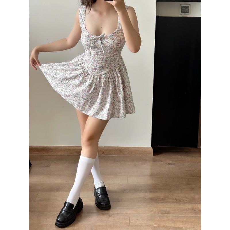 Đầm Nữ Hoa Mini Hai Dây Bản To Cổ Vuông Chiết Eo Form Ngắn Dịu Dàng Mùa Hè 7