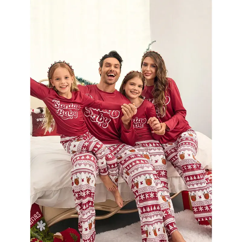 2pcs Men's Burgundy Simple Christmas Element All Over Print Long Sleeve Pajama Set, Comfortable Loungewear Menswear Nightwear Pants Stretch 0