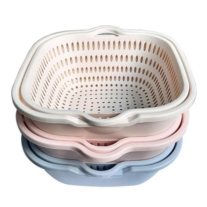  Bộ thau rổ 2 lớp vuông nhựa VIỆT NHẬT - Bộ Thau Rổ Nhựa Rửa rau củ quả trộn thực phẩm 3288 3289 tiện lợi 