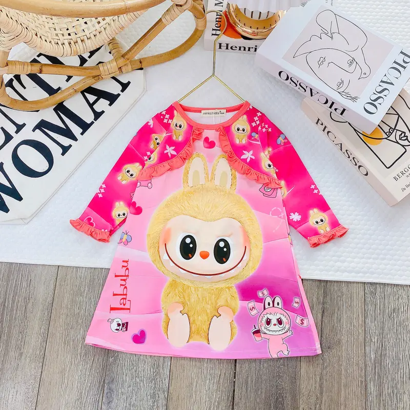 Bộ váy dài tay Cho Bé Gái 7-30kg-từ 7 tuổi trở xuống-Bộ Dài Tay In Hình Hoạ Tiết LABUBU, chất thun lạnh 3D Cho bé gái mềm mịn thoáng mát Có độ co giãn 4 chiều cho bé hoạt động thoải mái dành cho bé cao dưới 1m5 set baby mềm 5