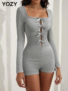 YOZY Women's Plain Cut Out Bow Decor Square Neck Skinny Romper, Casual Long Sleeve Romper for Daily Wear, Ladies Clothes for All Seasons