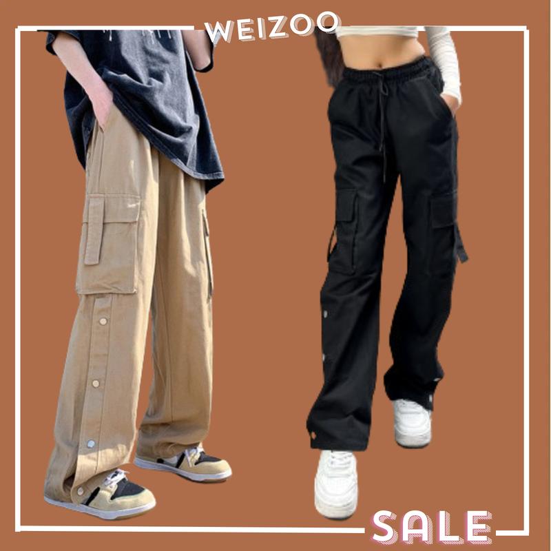 Weizoo - Quần kaki Cargo Pant ống rộn  Nam Nữ ZITI  xẻ tà phối nút bấm hàng thiết kế Xanh Rêu Be Đe Pants
