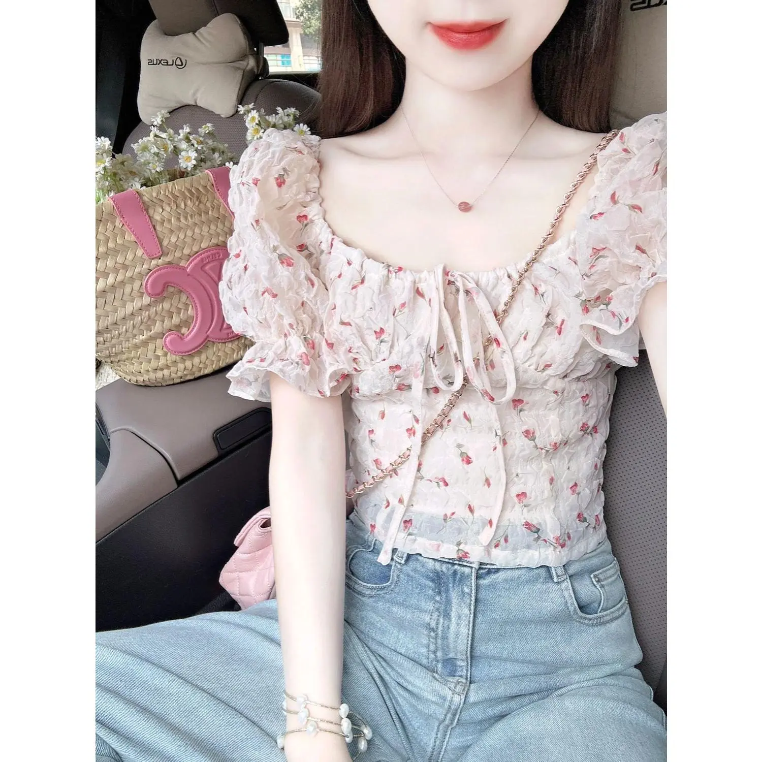 Áo Cánh Trễ Vai, Cổ Vuông Kiểu Pháp, Tay Phồng, Nơ Buộc Dây Cho Nữ, Áo Búp Bê Ngọt Ngào Mùa Hè, Áo Ngắn Hoa