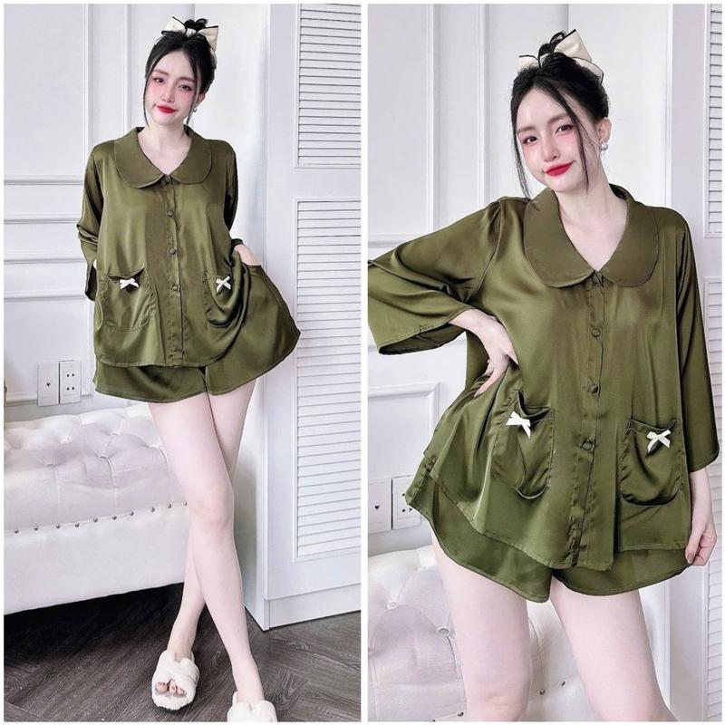 Đồ Ngủ Pijama Lụa HEUN YOUNG Bộ Đồ Pijama Áo Cổ Sen Tay Lửng Quần Đùi Lụa Latin Mềm Mịn Freesize 45-65kg Women Nữ Kem 8