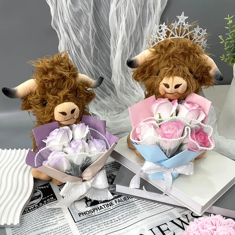 Highland Cow Plush Toy with Artificial Rose Bouquet, 1 Set Cute Plush Toy, Home Decor Ornament, Gift for Your Love