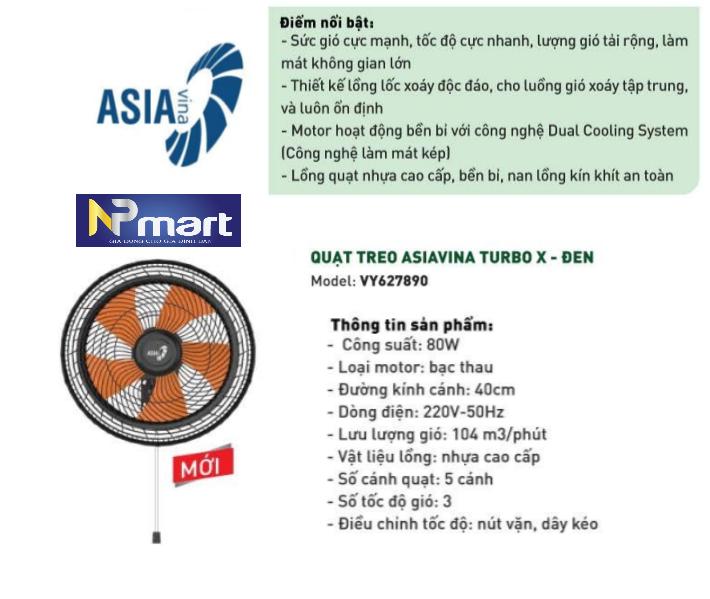 Quạt treo ASIA Turbo X 80W - VY627890 -ĐEN  mát xa hoạt động êm