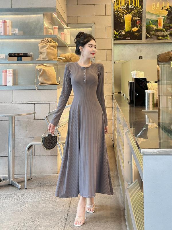 D-14 Đầm gân Đũa Dáng Xoè Dài, Tay Dài Có Nút Gài Siêu Sang Chảnh cho Các Nàng Yêu Nữ Women Dress Voi Voan