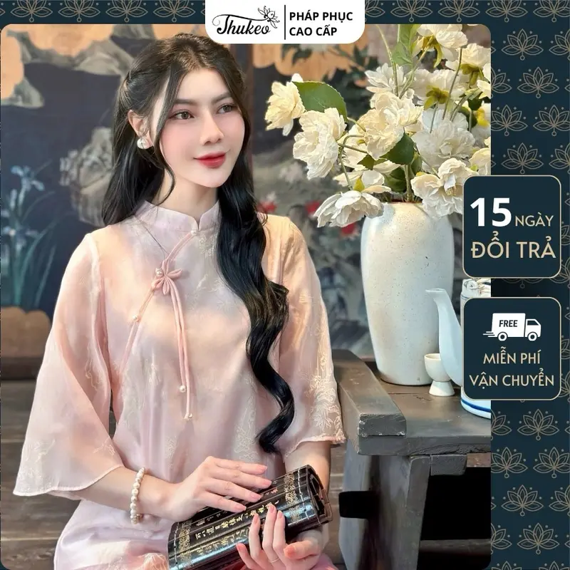 (MA50) Pháp phục đi chùa THUKEO mẫu tơ in 2 lớp mềm mịn cổ tàu thanh lịch Women Nữ 5