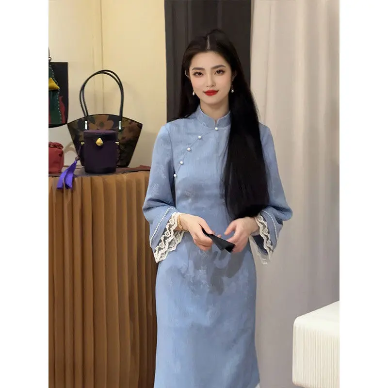[Mo Ruyun] Fake Two Pieces Blue Jacquard Satin Improved Cheongsam for Women Autumn and Winter New Chinese Long Sleeve Dress Women