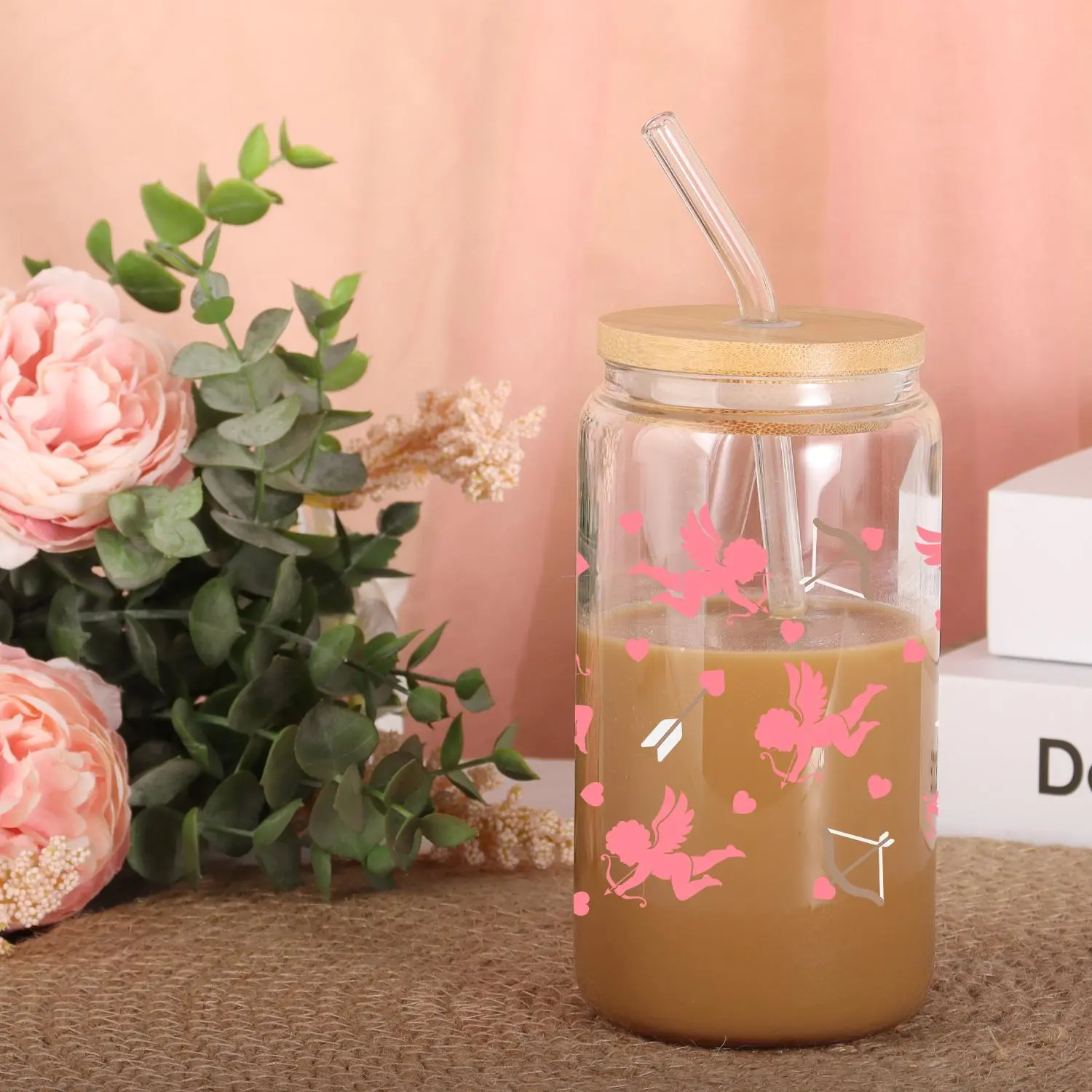 Heart & Cupid Pattern Glass Cup with Straw & Lid, 1 Count 16oz Heat Resistant Drinking Cup, Creative Drinkware for Home Office Use
