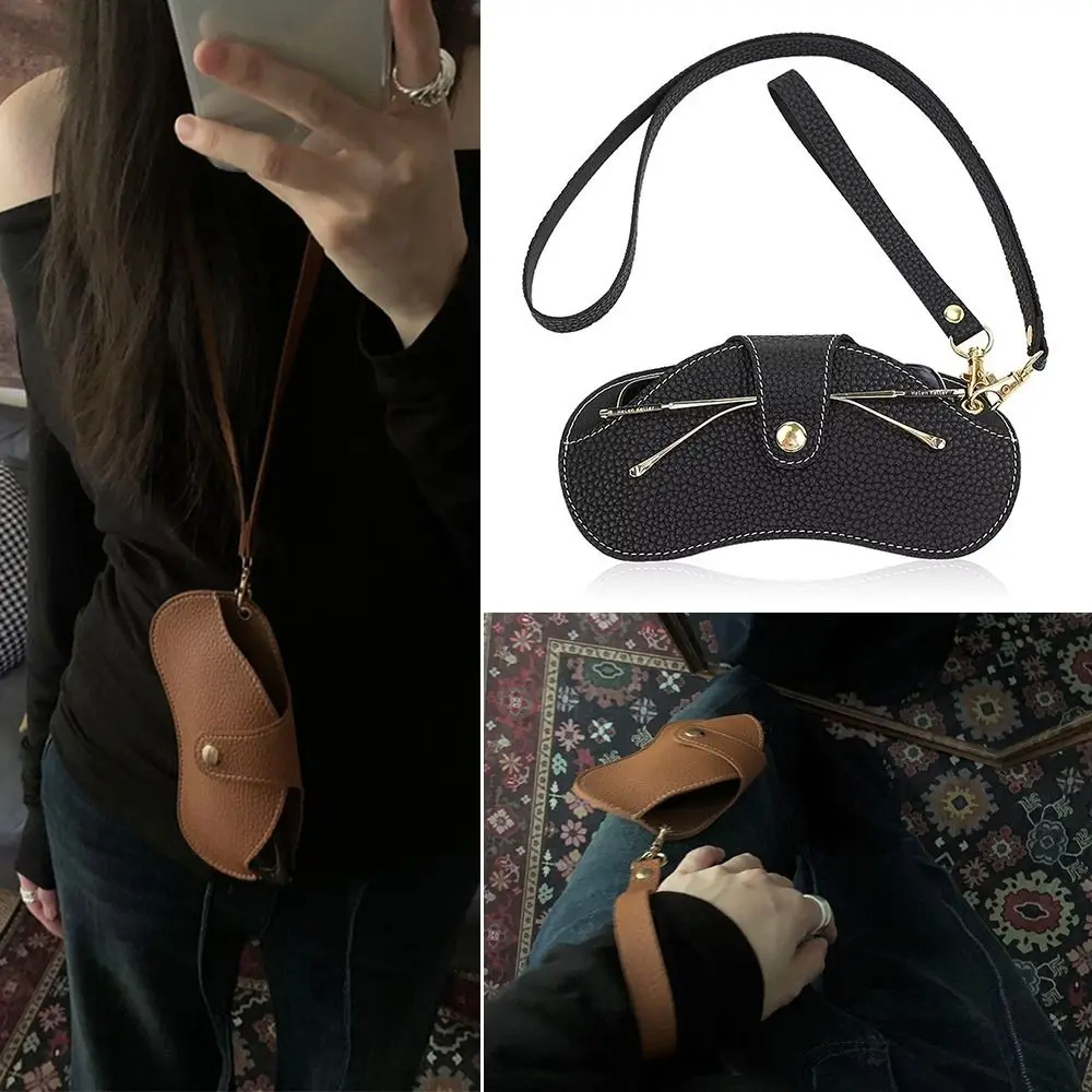 Fashion Korean Style PU Leather Glasses Bag Hanging Neck Wrist Outdoor Glasses Storage Bag Travel Buckle Sunglasses Eyeglass Bag Protector