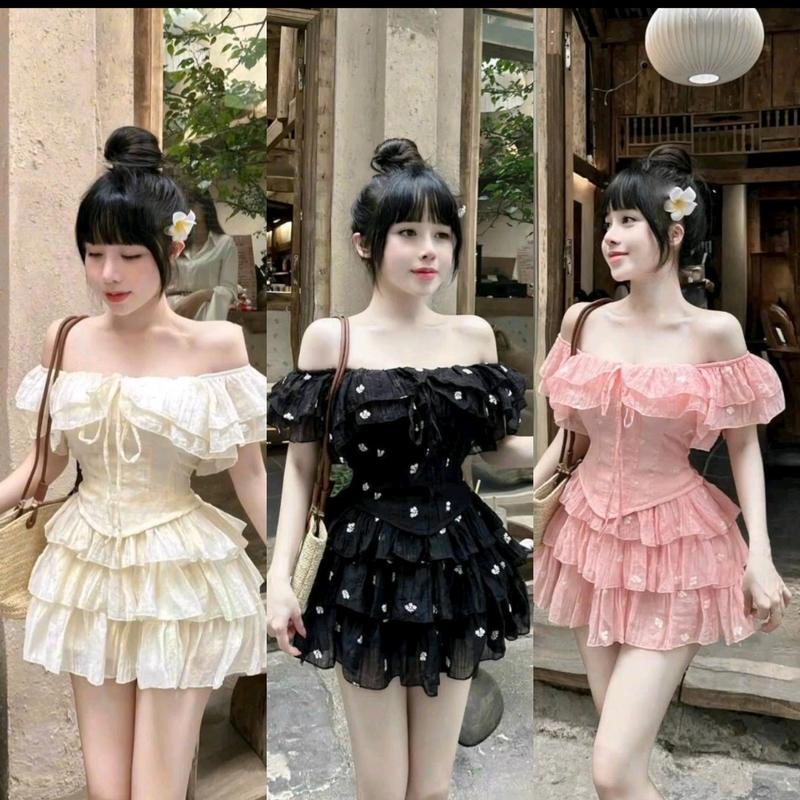 1Q424 Set Áo Tơ Trễ Vai Bèo Hoa Nhí + Váy Tầng eo 60-78cm Có Mút Nữ Women đáng yêu váy thường mặc