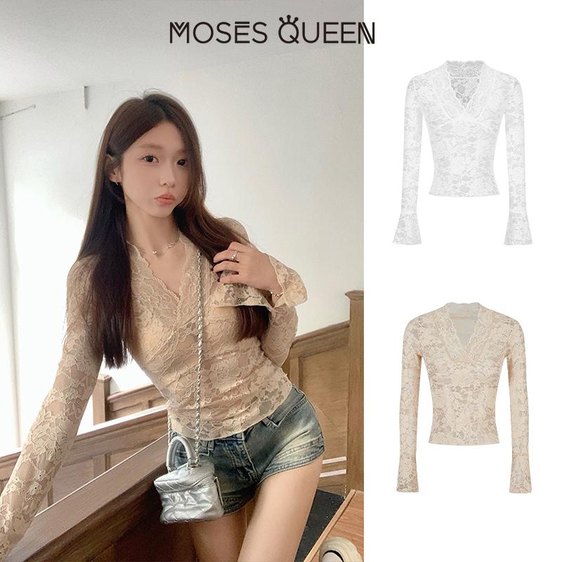 Áo Sơ Mi Ren Trang Trí Viền Cổ Chữ V, MosesQueen, Màu Kem Đen Trắng, Thiết Kế Nghệ Thuật, Nhấn Mạnh Vòng Eo Thon Và Hình Dáng Mảnh, Áo Nữ, Phụ Nữ, 62305 #
