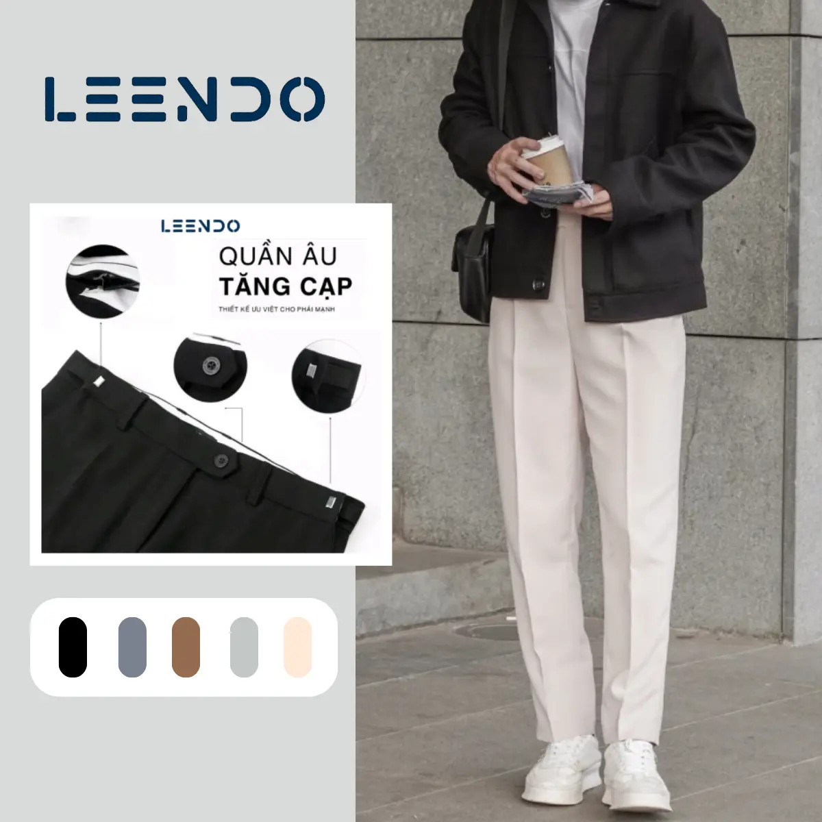 [ DEAL Mở Bán ] Quần âu, quần tây nam Sidetab bấm chỉnh cạp LEENDO form baggy Vải cotton vinteck co dãn thoải mái dễ phối đồ kiểu dáng Hàn Quốc Menswear Pants