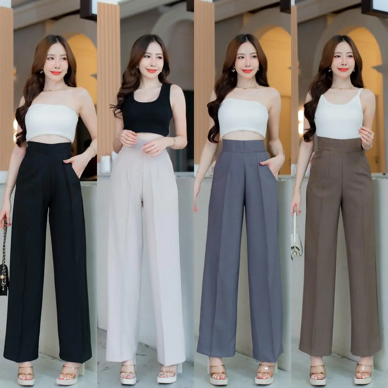 G58 กางเกงขากระบอกกลางเอวสูง  ซิปข้าง  ผ้าฟอร์ร่า Clothing Pants ผู้หญิง เสื้อผ้า กางเกง Women Lady