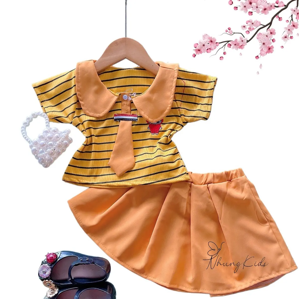 (9-18kg)Set váy áo cọc tay cà vạt tăm lạnh,  chân  váy lụa cho bé gái từ 8ký đến 13ký dưới 3 tuổi