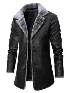 Men's Solid Button Front Thermal Lined Pu Leather Jacket, Winter Clothing Men, Regular Fit Casual Long Sleeve Lapel Neckline Outerwear for Spring & Fall, Men's Clothes for Daily Wear