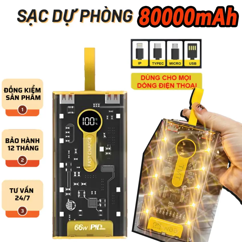 [Sạc siêu nhanh] Sạc Dự Phòng Power Bank 50000 mAh, 80000 mah ,Sạc Nhanh PD66W/20W, Nâng cấp đồng hồhiển thị %Pin, Hiệu điện Thế U(V), Cường độdòng điện(Ampe) Có Đèn Ngủ, Tích Hợp 4 Cổng