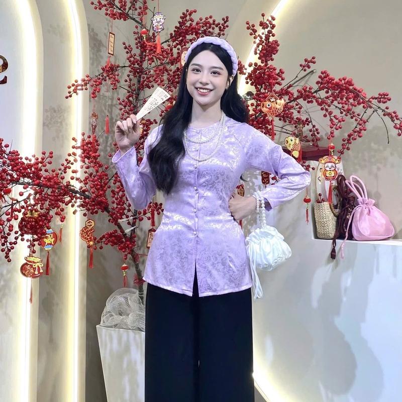 CẢ BỘ BÀ BA - ÁO VẢI GẤM VÂN HOA - TAY DÀI CỔ TRÒN - QUẦN LỤA SATIN 4