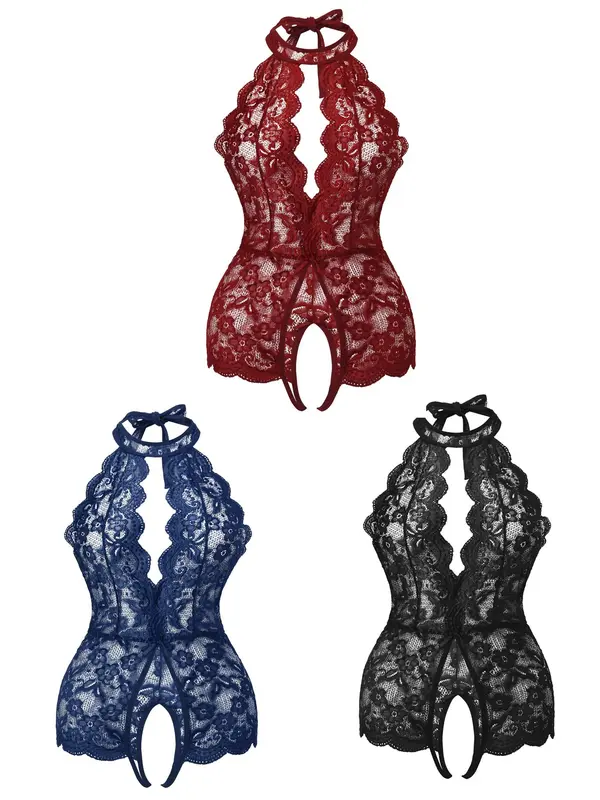 Plus Size Plain Floral Lace Scallop Trim Halter Neck Backless Sheer Sexy Lingerie Bodysuit, Elegant Sexy Tie Back Bodysuit for All Seasons, Women's Plus Size Sexy Underwear 6