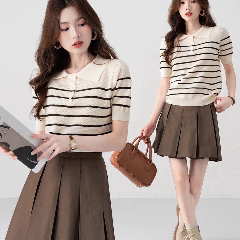 Áo dệt kim ngắn tay kẻ sọc ngang thanh lịch mùa thu cho nữ