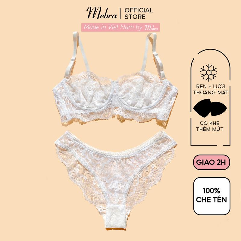 Bộ đồ lót ren nữ có gọng không đệm mút trắng tinh áo quả ngang quần cánh tiên Mebra