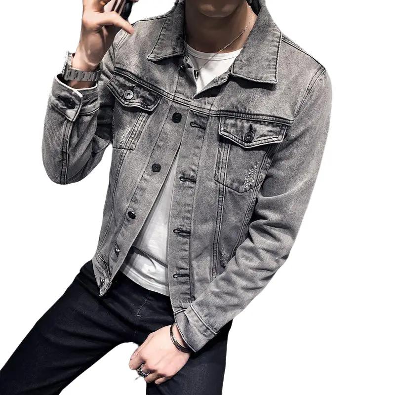 Áo khoác jean nam XÁM cao cấp áo khoác bò đẹp Áo khoác Denim nam mới hot trơn Full Mùa xuân hè Màu nhuộm Tối Menswear