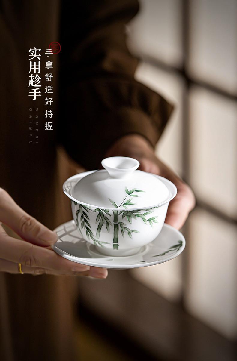 Product Introduction of Dehua White Porcelain Suet Jade Sancai Cover Bowl Teacup Stacking Carving Pure Hand-painted Green Bamboo Not Hot, High-end Tea Bowl [A926] 10