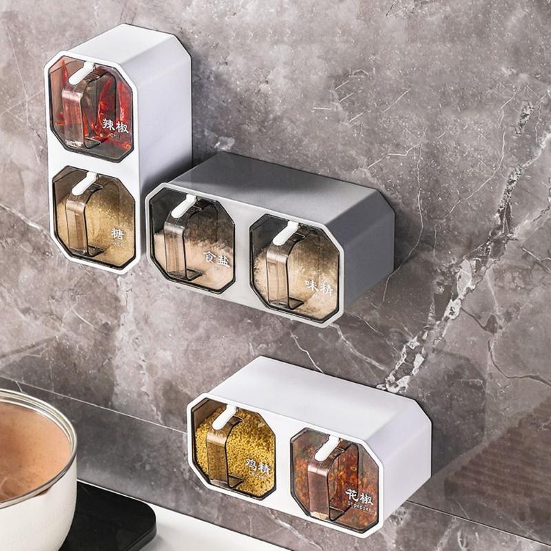 Durable Plastic Seasoning Boxes 2/3 Grid Wall Mounted Condiment Tank With Spoon Divided Seasoning Jar Chicken 3