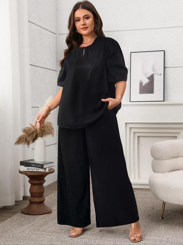 【Plus Size】 Two-Piece Set Solid Color Top & Straight Leg Pants, Casual Fashion Cozy Short Sleeve Round Neck Top & Trousers for Daily Outdoor Wear, Women's Two-piece for All Seasons 3