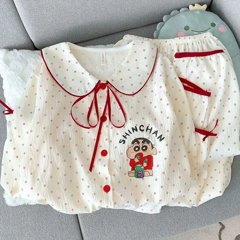 Baju Tidur Wanita Lengan Celana Panjang Polkadot Merah Shinchan Piyama Wanita Satu Set Bahan Katun