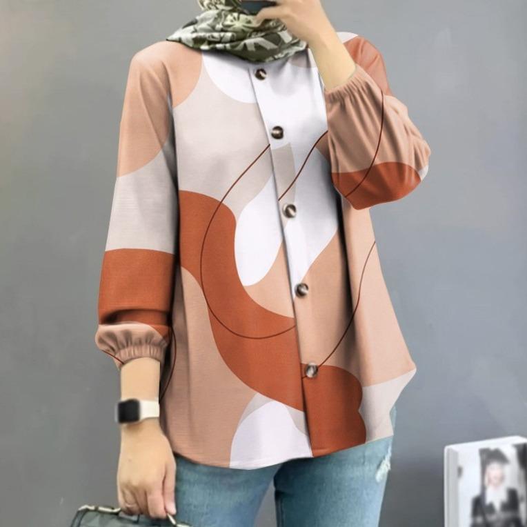 Female Top Women's Muslim Floral Shirt Robe Fashion Puff Sleeve Shirt 0