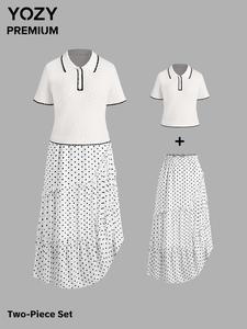 YOZY Women's Contrast Binding Tee & Polka Dot Print A Line Skirt Set, Ladies Clothes for Daily Wear