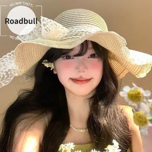 ROADBULLフランス風のガンい新作田園風帽子,リボン払ういきMaiわら帽子,女性用夏のクリエイティブな大人向けけけビーチリゾート日を過ぎたごすよけ帽子 帽子 ウィッグに uv カット