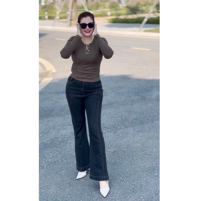 712 BIGGSIZE LIVE Quần loe jeans cạp cao co dãn, quần jeans ống vẩy tạo kiểu viền hai bên Nữ Women Kem Pants